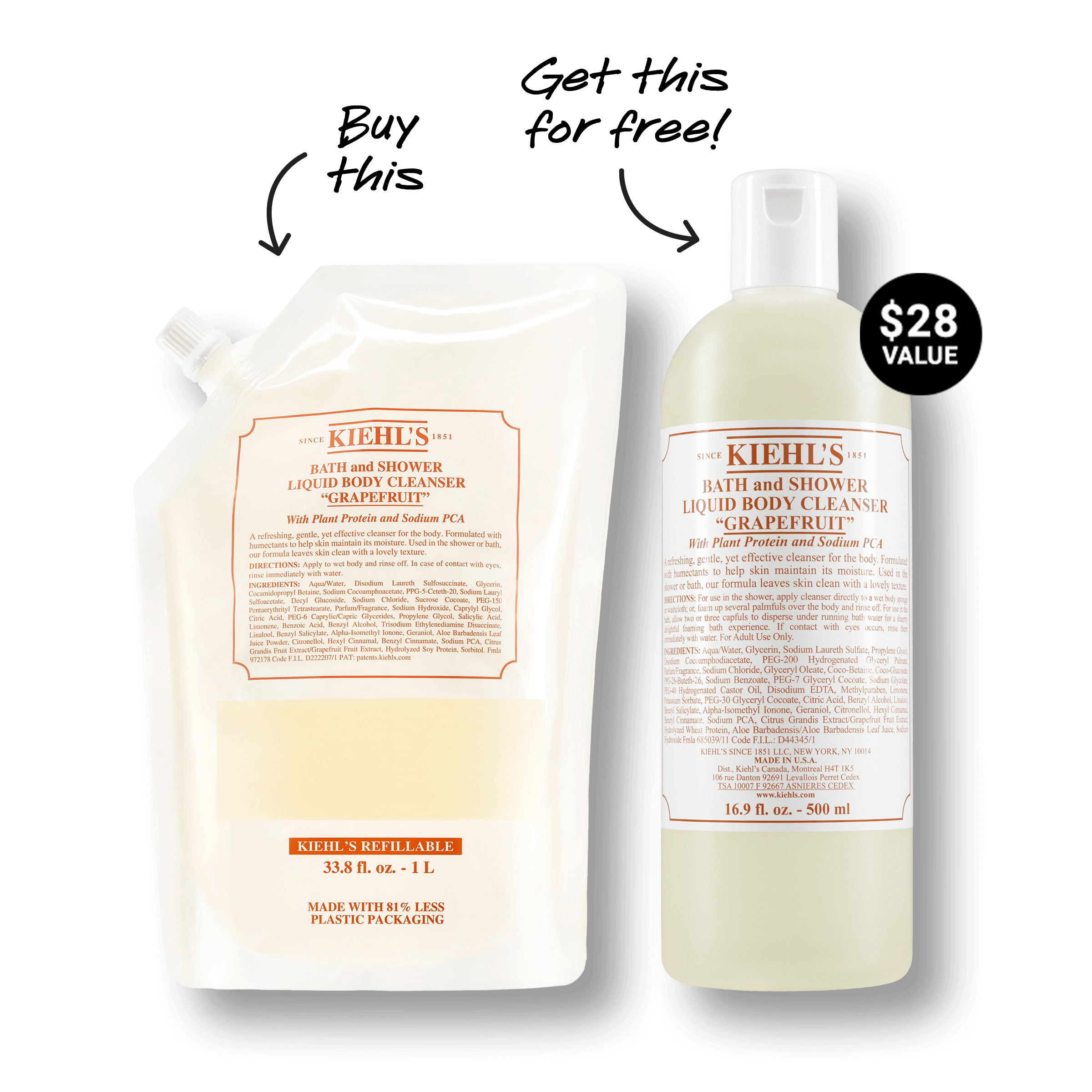 Kiehls Grapefruit Body Wash Refill Pouch 1L Free 500ml 74$