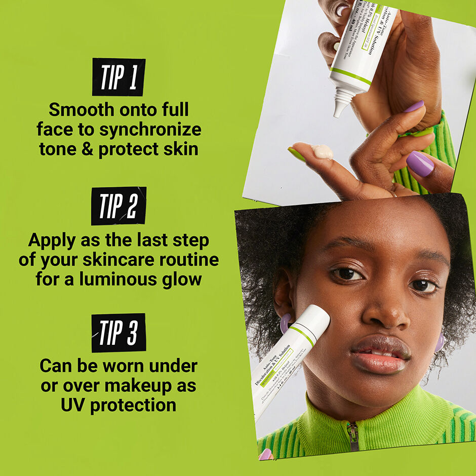 tip 1 smooth onto full face to synchronize tone & protect skin. Tip 2 Apply as the last step of your skincare routine for a luminous glow. Tip 3 can be worn under or over makeup as UV protection 