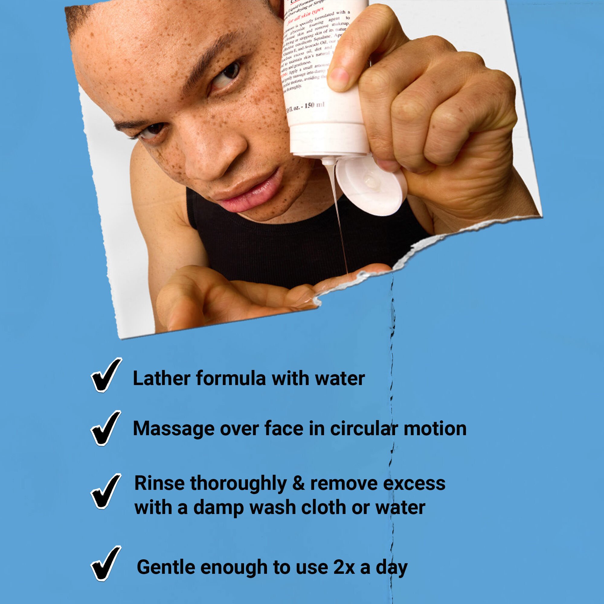 model squeezing cleanser into palm. how to use: Lather formula with water, massage over face in circular motion, rinse thoroughly & remove excess with a damp wash cloth or water 