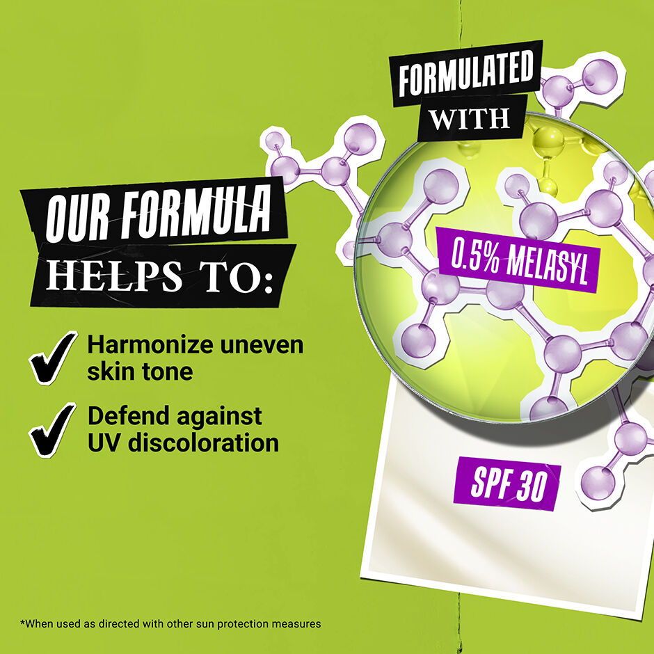 our formula helps to: harmonize uneven skin tone, defent against UV discoloration. Formulated with 0.5% Melasyl, SPF 30