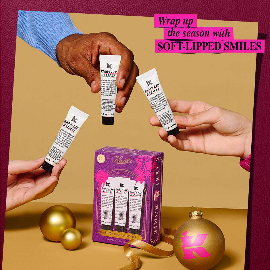 3 hands holding a lip balm each. wrap up the season with soft lipped smiles 
