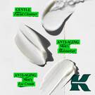 A graphic showing three white swirls of product against a white background. The top left swirl is labeled "GENTLE Facial Cleanser." The middle white swirl is labeled "ANTI-AGING Men’s Moisturizer." The bottom white swirl is labeled "ANTI-AGING Men’s Eye Cream." A dark green "K" logo is in the lower right corner.