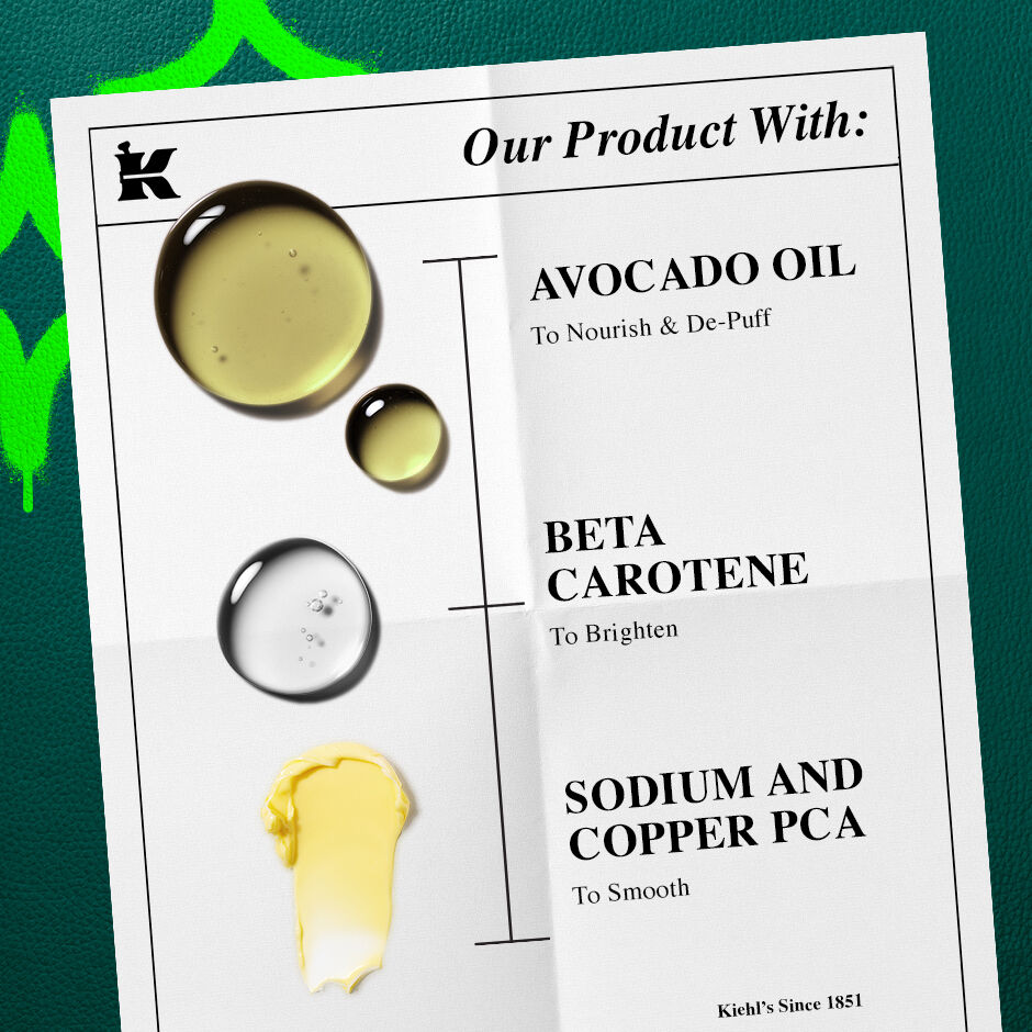 our formula with: avocado oil to nourish and de-puff, beta carotene to brighten , sodium and copper pca to smooth