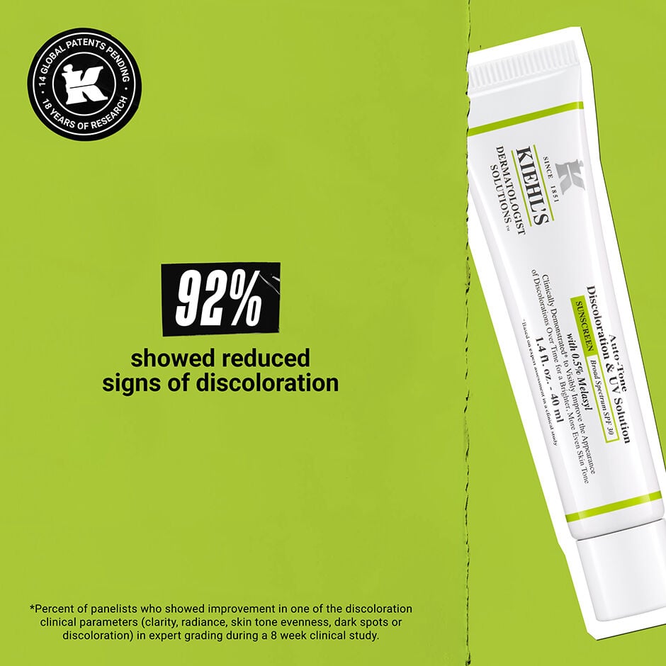 92% showed reduced signs of discoloration *precent of panelists who showed improvement in one of the discoloration clinical placements (clarity, dark spots, or discoloration) in expert grading during a 8 week clinical study  