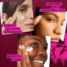 A graphic, set against a dark red background with bright pink elements, displays three close-up images, each with a specific benefit highlighted. The top-left image shows a woman applying cream to her cheek, with the text "REDUCES signs of aging on face and neck". The top-right image focuses on a woman's eye area, accompanied by the text "SMOOTHES, LIFTS AND DE-PUFFS EYES". The bottom-center image depicts a woman applying cream to their cheek, labeled with the text "REDUCES wrinkles".