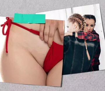 Closeup of bikini bottom and a model with an arm around another