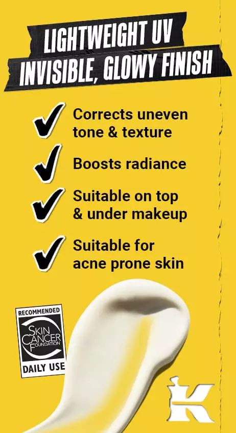 Lightweight UV Invisible Glowy Finish: corrects uneven tone & texture. Boosts radiance. Suitable on top & under makeup. Suitable for acne prone skin