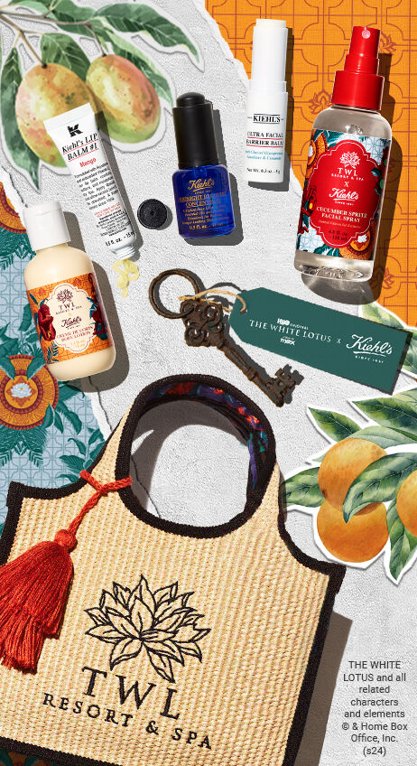 TWL X Kiehl's products and spa bag displayed 