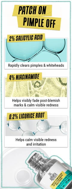 Ingredients: 2% Salicylic Acid, 4% Niacinamide, 0.2% licorice root. Patch on, Pimple off.