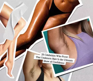 Model legs and hairy underarms and text about celebrities showing confidence through body hair