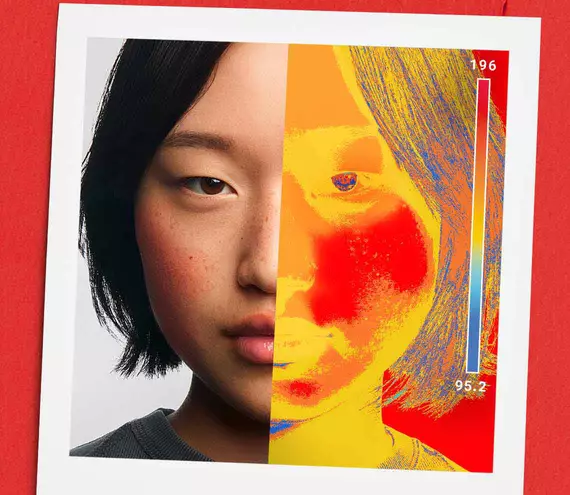 A split-screen portrait of a woman showing her natural face on the left and a thermal heat map visualization of her skin on the right, indicating temperature or sensitivity levels.