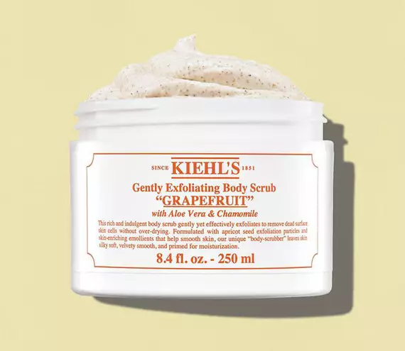 Open jar of Kiehl’s Gently Exfoliating Body Scrub “Grapefruit”