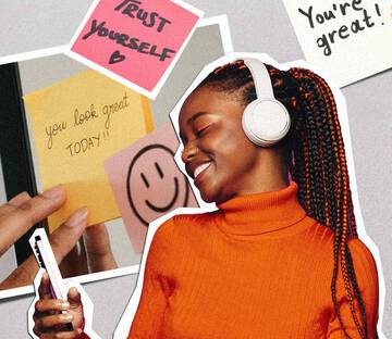 Model listening to headphones with confidence building sticky notes