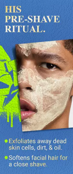 HIS PRE-SHAVE RITUAL. Exfoliates away dead skin cells, dirt, and oil. Softens facial hair for a close shave.