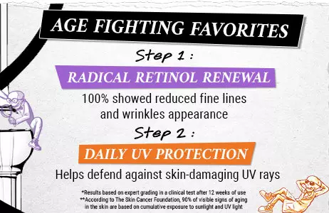 learn about our retinol and SPF items. 100% showed reduced fine lines and wrinkles, and SPF helps prevent 90% of skin aging.