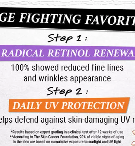 learn about our retinol and SPF items. 100% showed reduced fine lines and wrinkles, and SPF helps prevent 90% of skin aging.