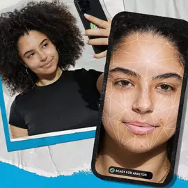 Model analyzing skin concerns though iPhone via instant skin reader
