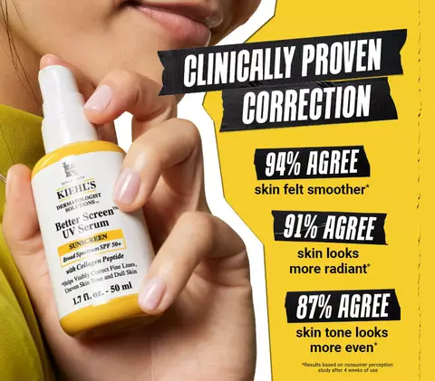 clinically proven correction. 94% agree skin felt smoother, 89% agree skin looks more radiant. 87% agree skin tone looks more even