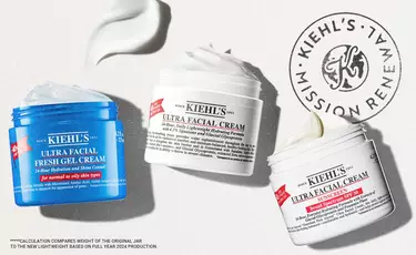 Three open jars of Kiehl’s Ultra Facial Cream—Original, Oil-Free Gel Cream, and Barrier Cream—with a "Mission Renewal" seal, highlighting the brand’s commitment to sustainable skincare.