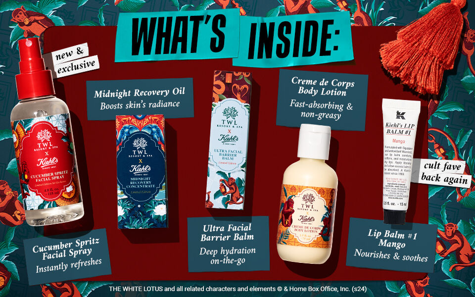What's inside: New & exclusive cucumber spritz facial spray. Midnight Recovery Oil, Ultra facial barrier balm, creme de corps body lotion and Cult favorite back again Lip Balm #1  Mango 