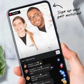 iPhone Screen showing two dermatologist on Kiehls lives. sign up and get notified