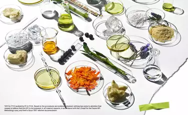 Petri dishes with botanical ingredients like calendula and ginger, illustrating Kiehl’s blend of nature and science in skincare formulations.​