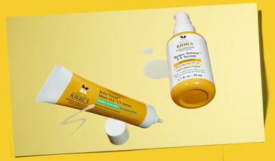 Kiehl’s Better Screen™ skincare products displayed on a yellow background, highlighting sun protection and serum benefits.
