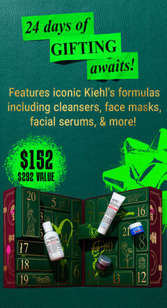 24 days of gifting awaits! advent calendar includes 24 surprise formulas, one behind each door! features iconic kiehl's formulas including cleansers, face masks, facial serums & more