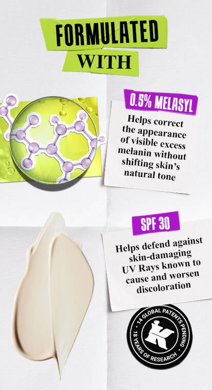 0.5% Melasyl helps correct the appearance of visible excess melanin without shifting skin's natural tone. spf 30 helps defend against skin-damaging UV rays known to cause and worsen discoloration.