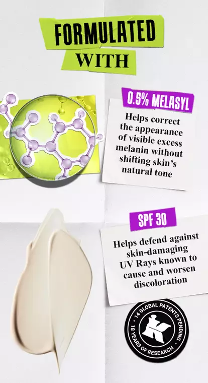 0.5% Melasyl helps correct the appearance of visible excess melanin without shifting skin's natural tone. spf 30 helps defend against skin-damaging UV rays known to cause and worsen discoloration.