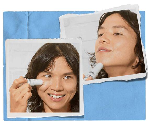 Model applying skincare stick to their cheek and chin