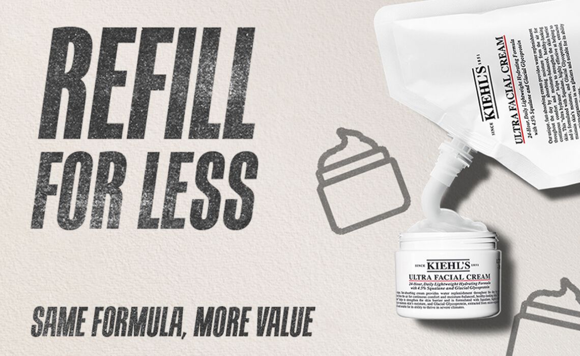 Kiehl’s Ultra Facial Cream refill pouch promotional graphic. Highlights “Same Formula, Less Package,” noting annual savings of 122 tonnes of plastic, equivalent to 1.7 million jars.​